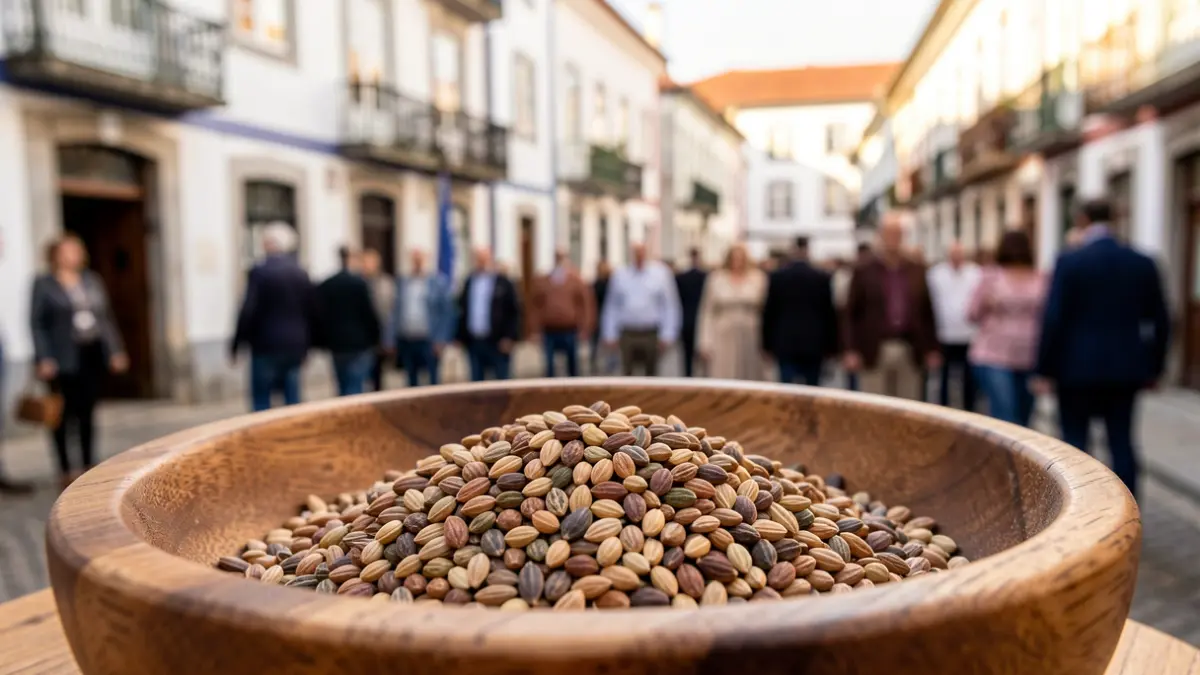 Grãos de sementes tradicionais portuguesas em taça de madeira, com arquitetura portuguesa desfocada ao fundo.