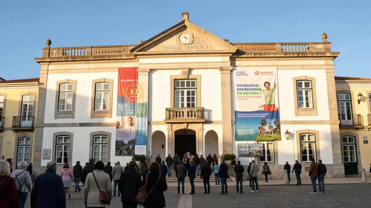 Fachada del Centro Cultural de Samora Correia anunciando el II Foro Organizaciones y Feria de Emprendedores.