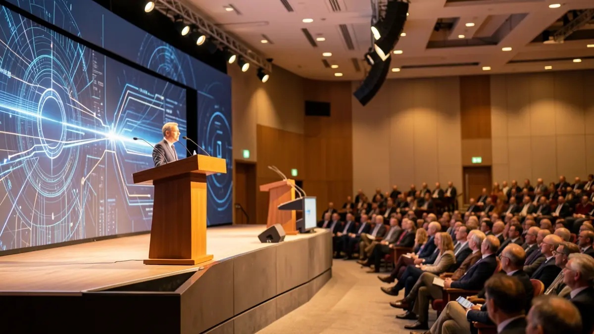 Imagem genérica de uma sala de conferências moderna com palco e público desfocado.