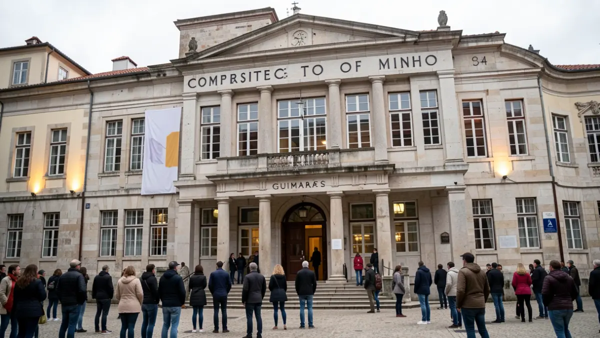 Fachada del Departamento de Informática de la Universidad de Minho en Guimarães, Portugal, con un toque sutil de celebración.