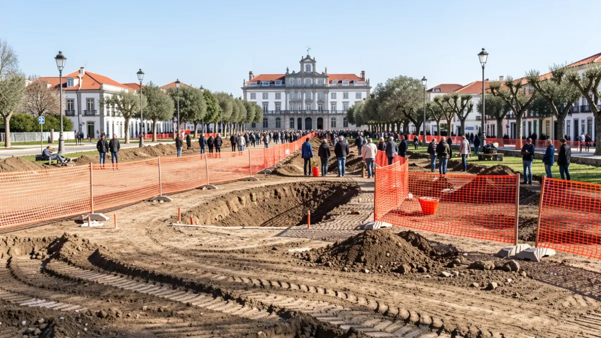 Imagen de una obra de reurbanización de un parque público en Maia, con barreras de seguridad y maquinaria.