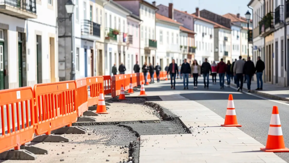 Generic image of roadworks in Portugal with barriers and cones.