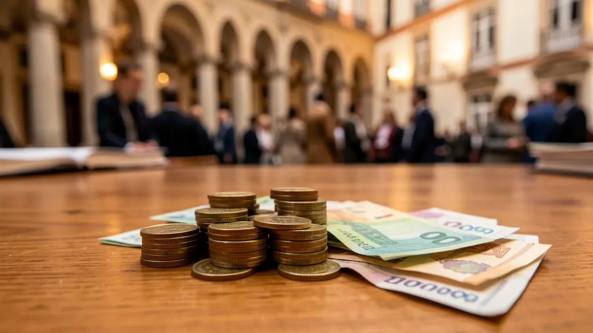 Imagen genérica de monedas y billetes portugueses sobre un escritorio, con elementos arquitectónicos de una universidad portuguesa desenfocados al fondo.