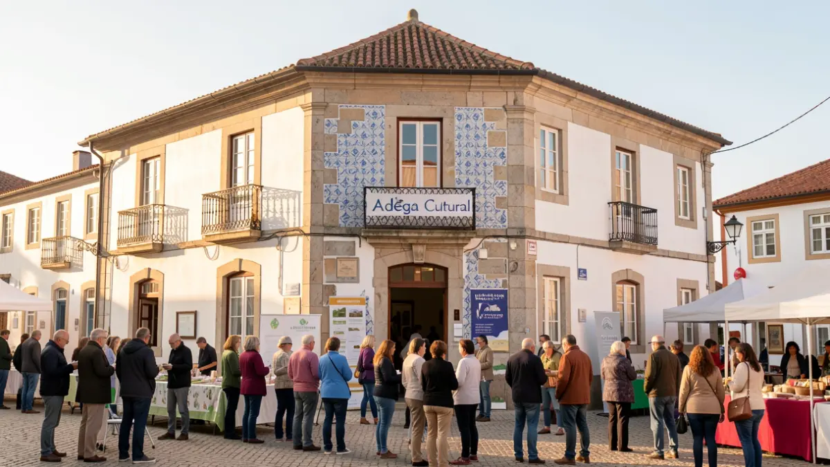 Facade of the Adega Cultural in Vila Verde during the Health Fair, featuring traditional Portuguese architecture.