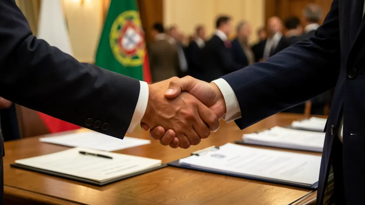Imagem de duas mãos a apertar-se sobre uma secretária com documentos oficiais desfocados.