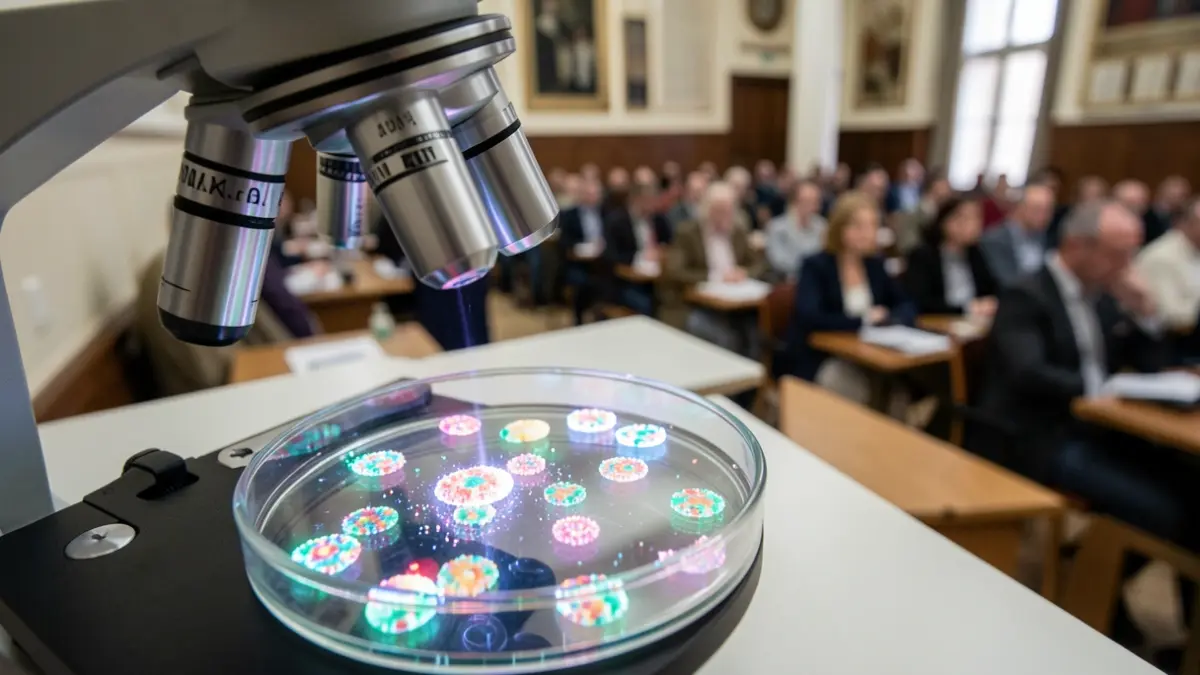 Image of a microscope observing microorganisms in a university lecture hall in Portugal.