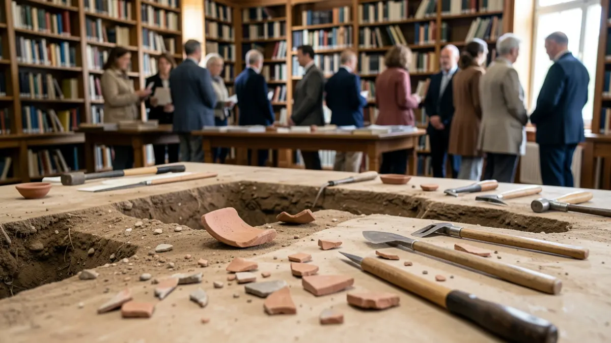 Imagen genérica de una excavación arqueológica con artefactos en exposición en una biblioteca.