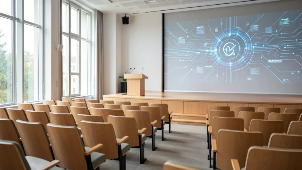 Imagem de uma sala de conferências universitária vazia com um pódio e microfones, representando o tema da Inteligência Artificial.