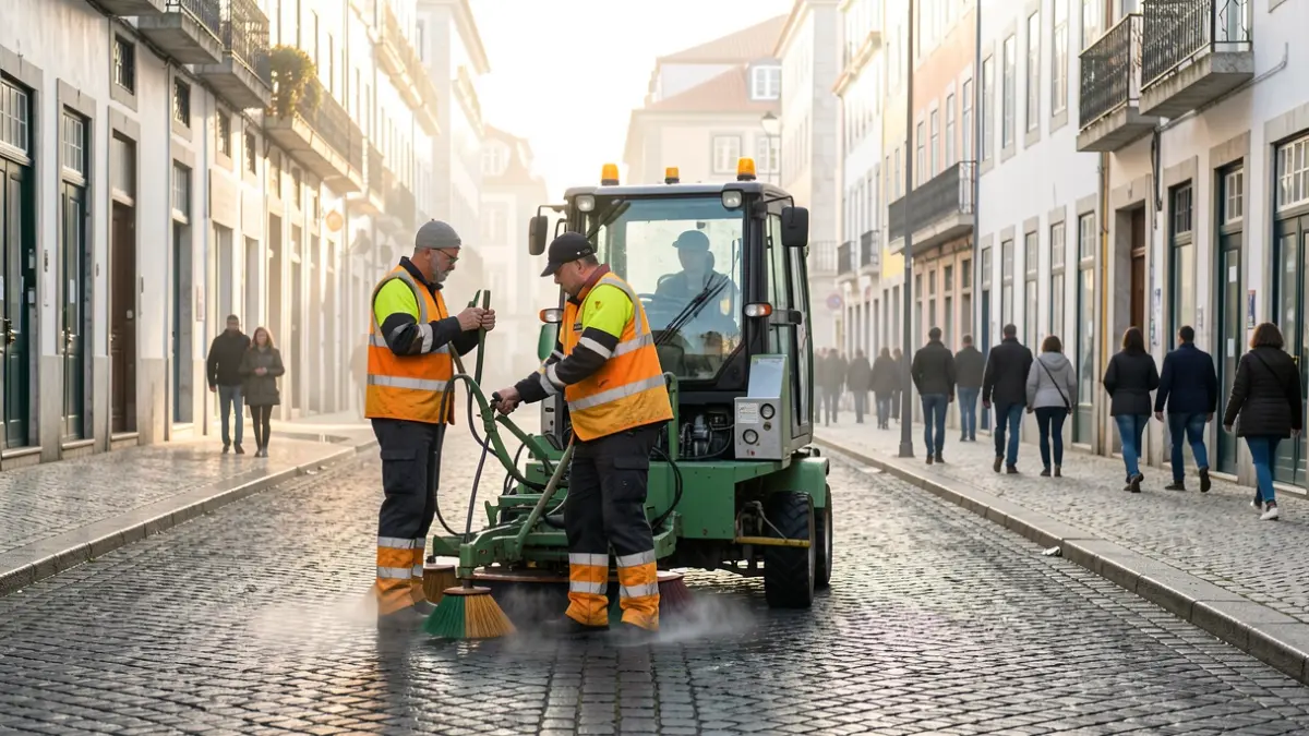 Equipo de limpieza urbana de la Junta de Freguesia da Misericórdia trabajando en Lisboa.