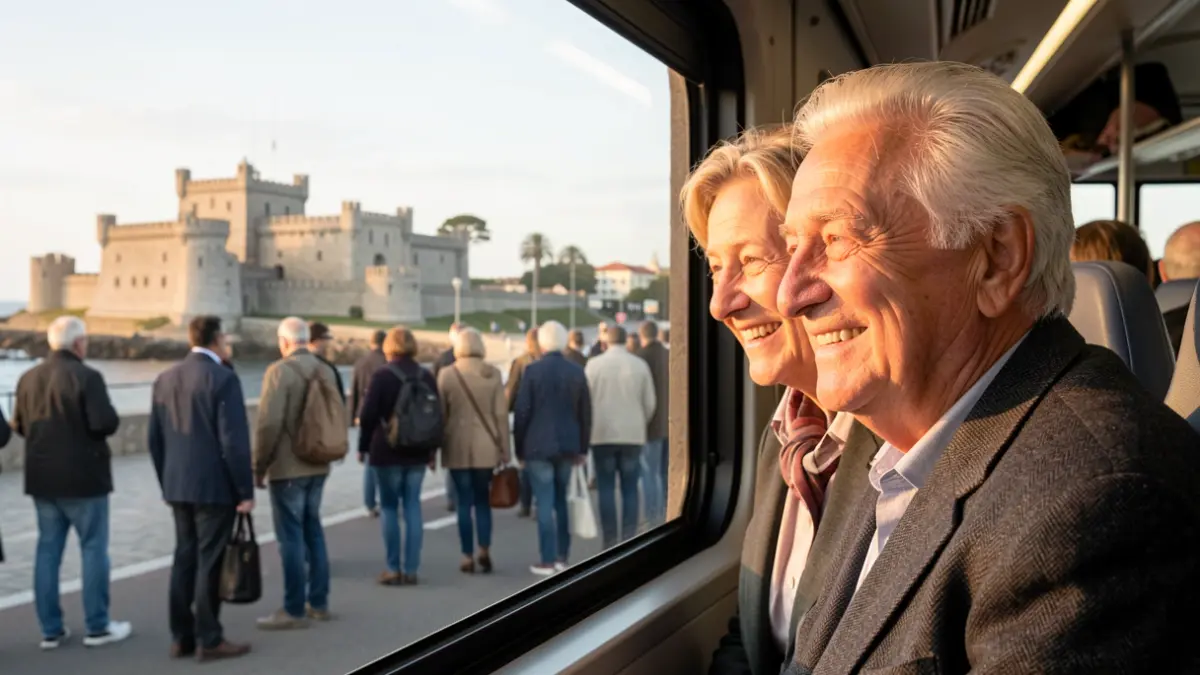 Elderly Portuguese couple smiling looking out from a bus window with the Cidadela de Cascais in the background, warm afternoon light.