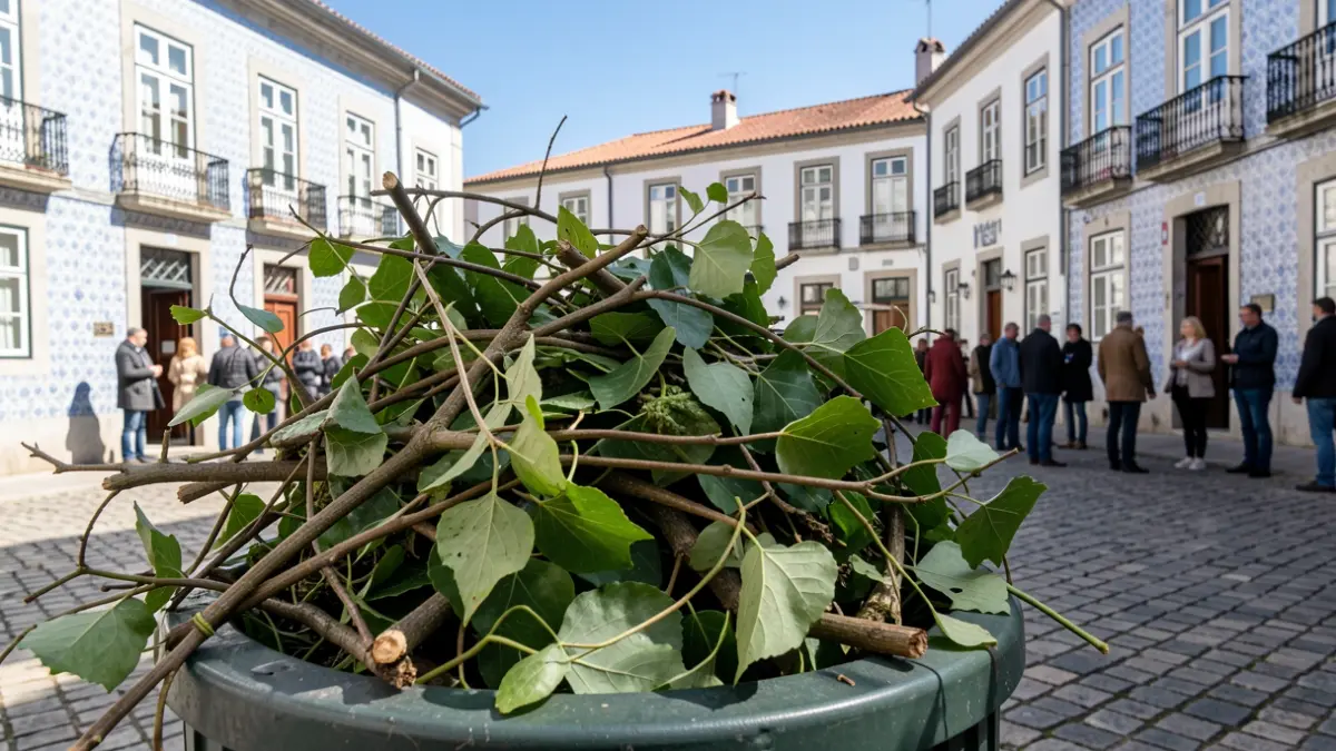 Image of green waste deposited next to a public bin in Serrazes, with traditional Portuguese architecture in the background.
