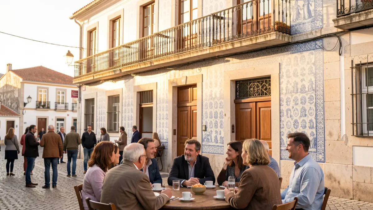 Image of an informal meeting between the Parish Council and citizens in front of a Portuguese municipal building.