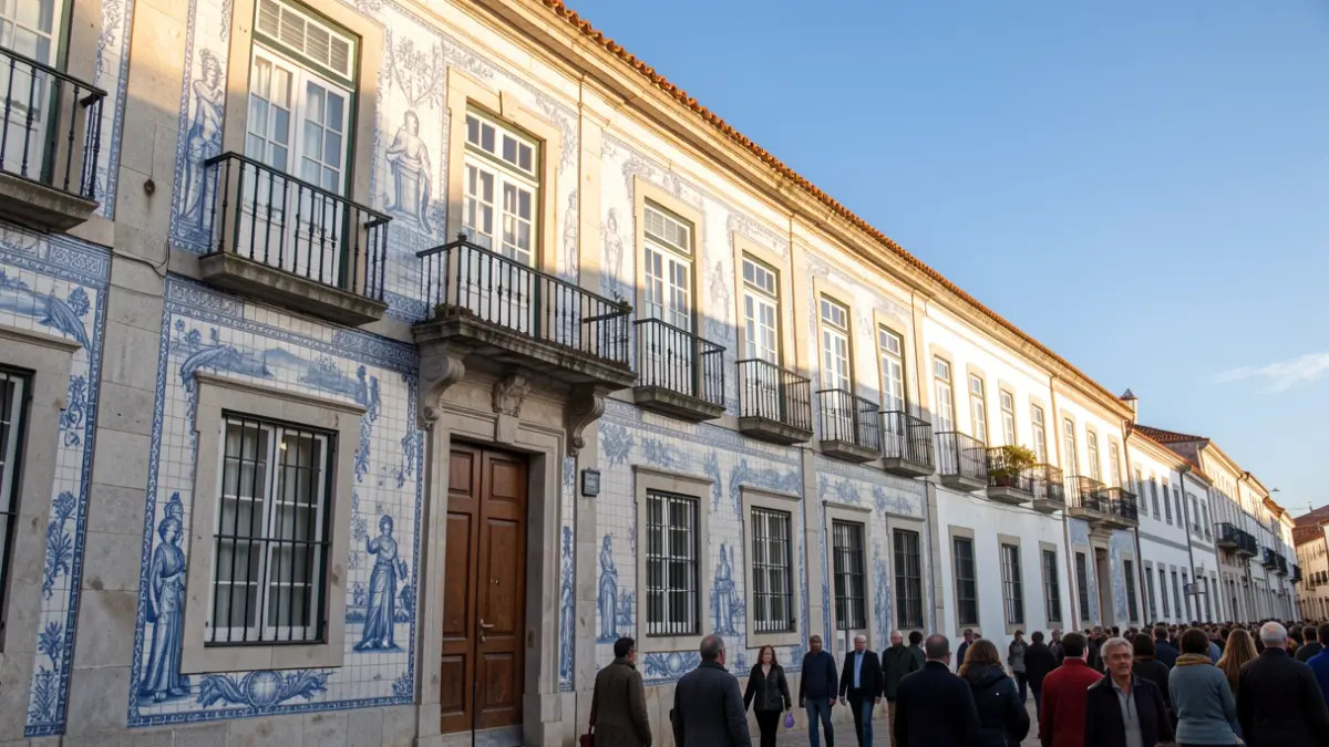 Facade of a Portuguese institutional building with traditional azulejo tiles and a balcony, under late afternoon sunlight.