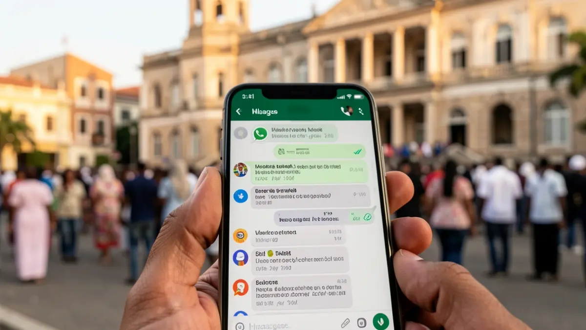 Interface do WhatsApp do Município de Lagos com ícones de serviços municipais.