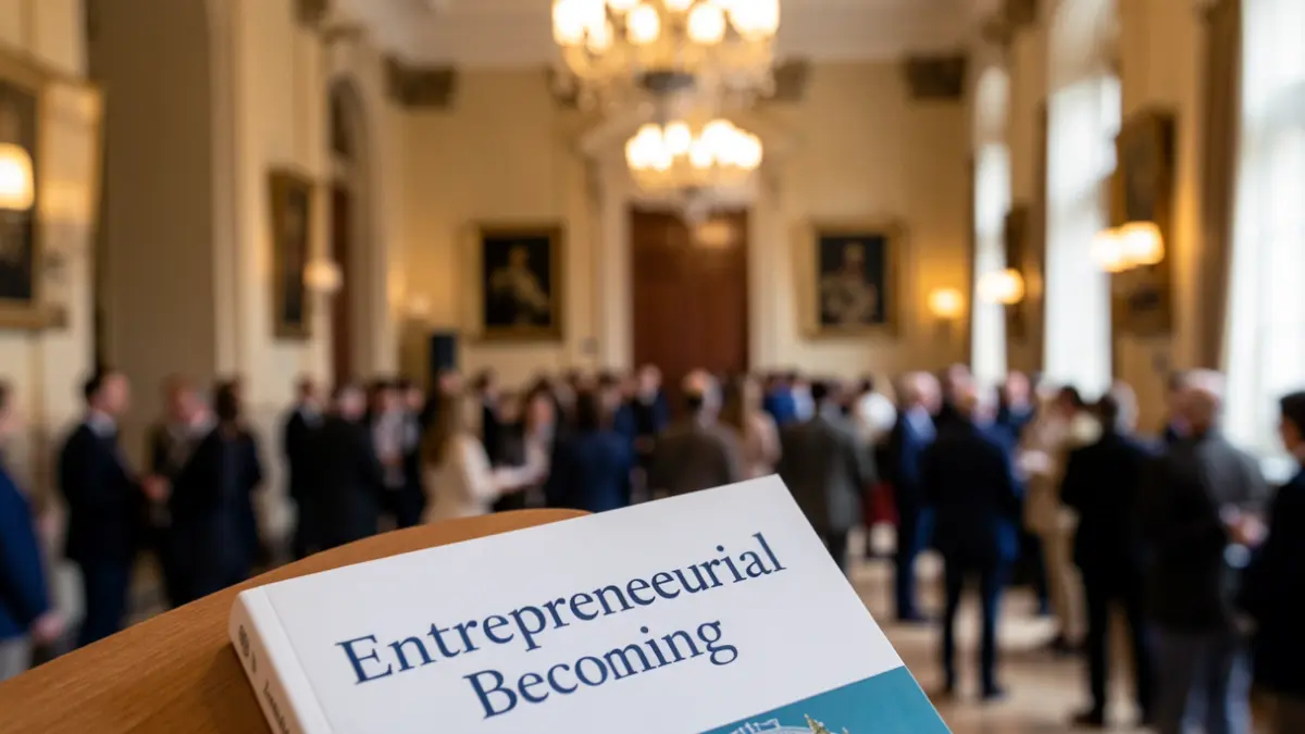 Imagem genérica de um livro sobre empreendedorismo numa sala formal.