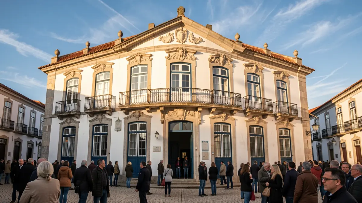 Fachada de um edifício municipal em Leiria, com varandas ornamentadas e luz solar.