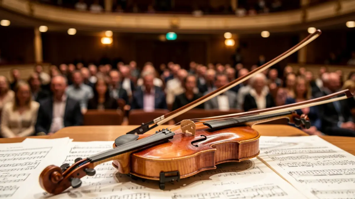 Generic image of a violin and conductor's baton on sheet music, with blurred concert hall stage in the background.