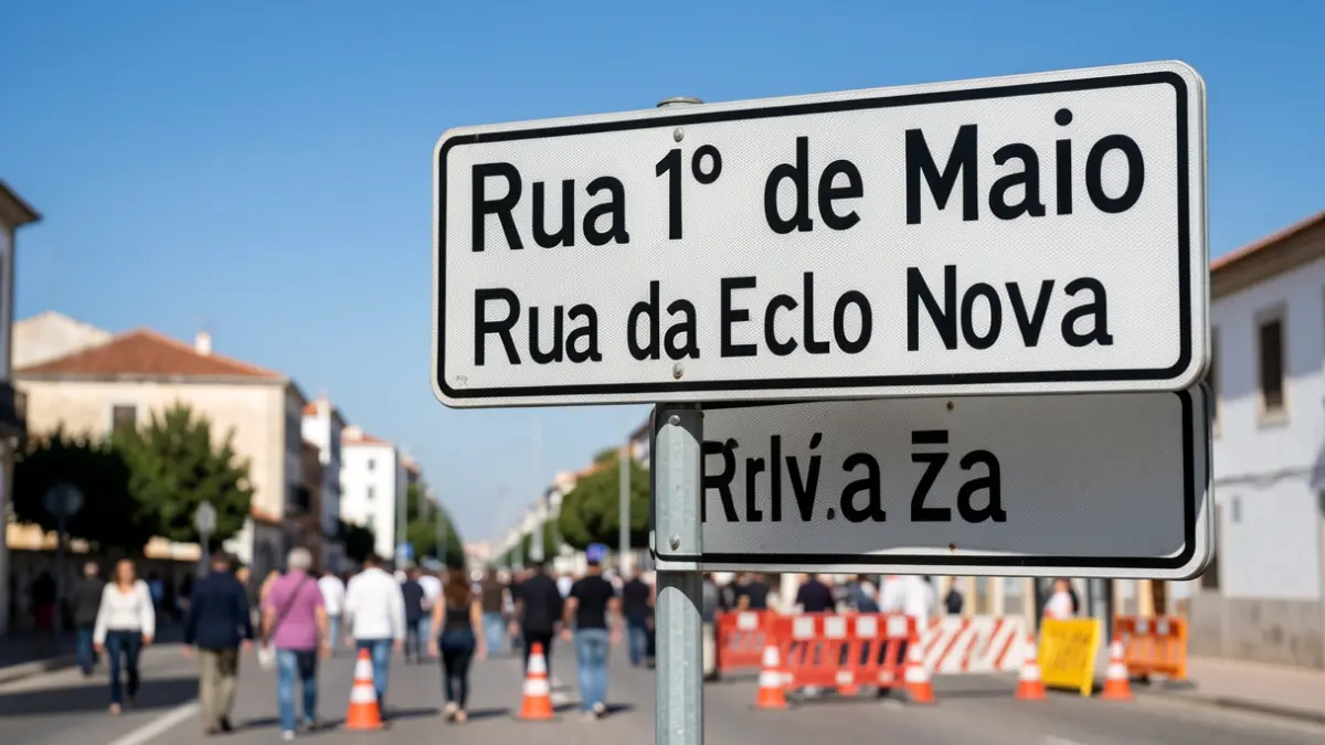 Señal de tráfico portuguesa indicando desvío de tráfico en la Rua 1º de Maio y Rua da Escola Nova, con conos y barreras de construcción.