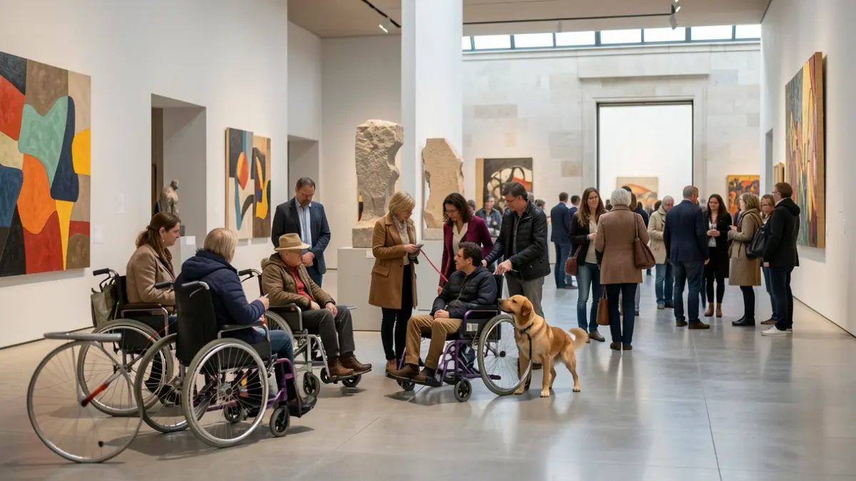 Image of diverse people interacting with an exhibition in an accessible museum in Lisbon.