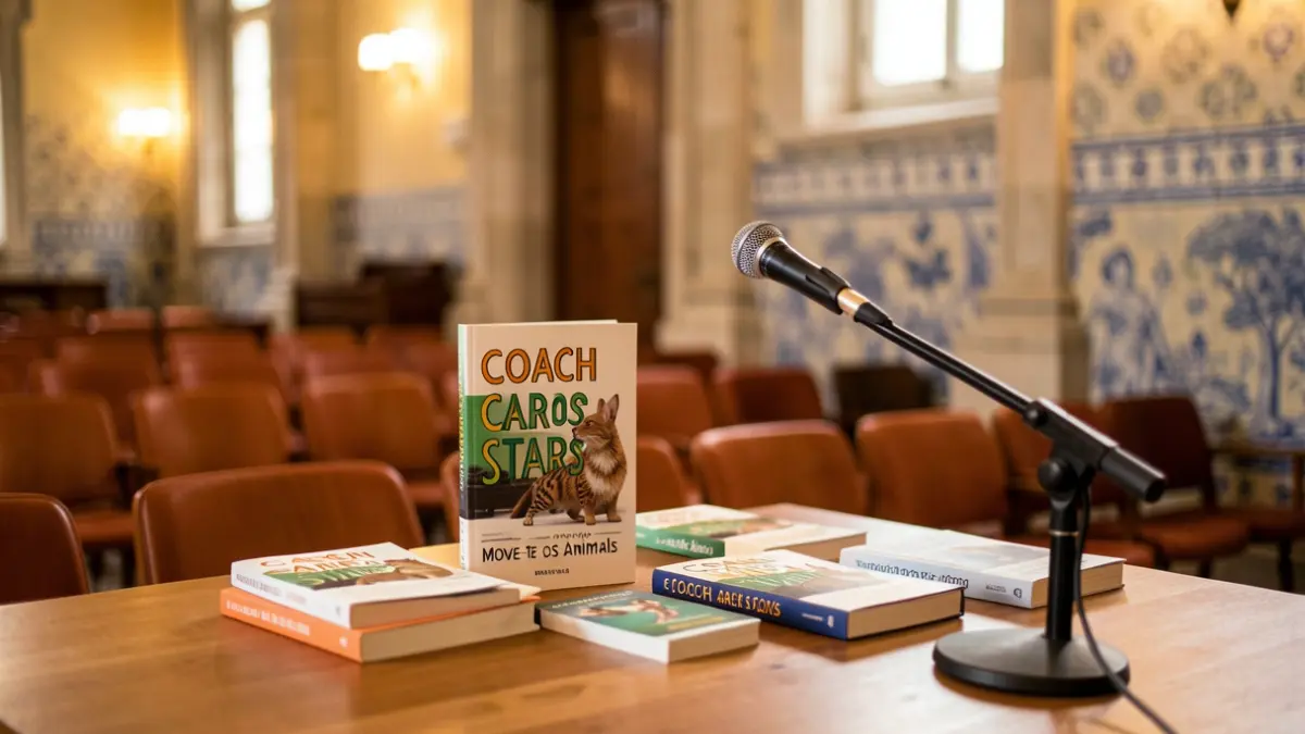 Presentación del libro 'Coach Carlos Stars – Move-te como os Animais' en un salón de asamblea municipal en Portugal.