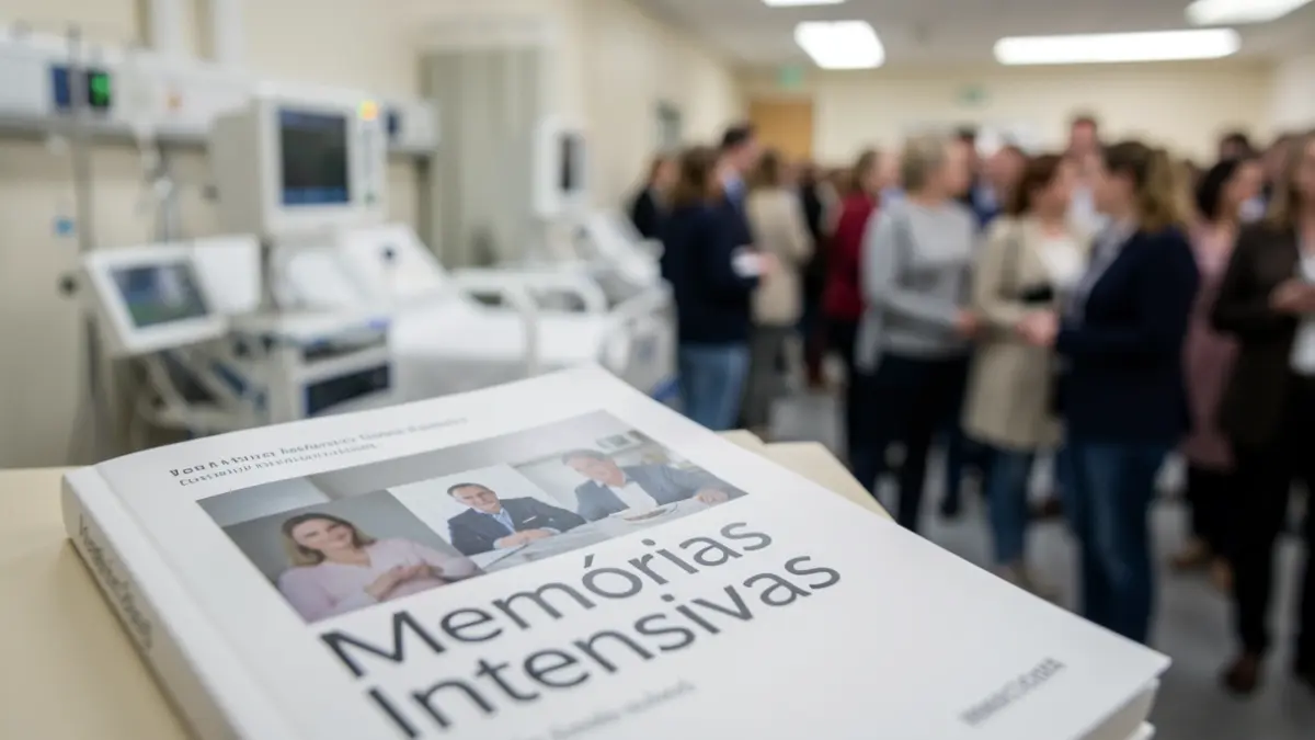 Capa do livro 'Memórias Intensivas' com equipamento médico desfocado ao fundo.