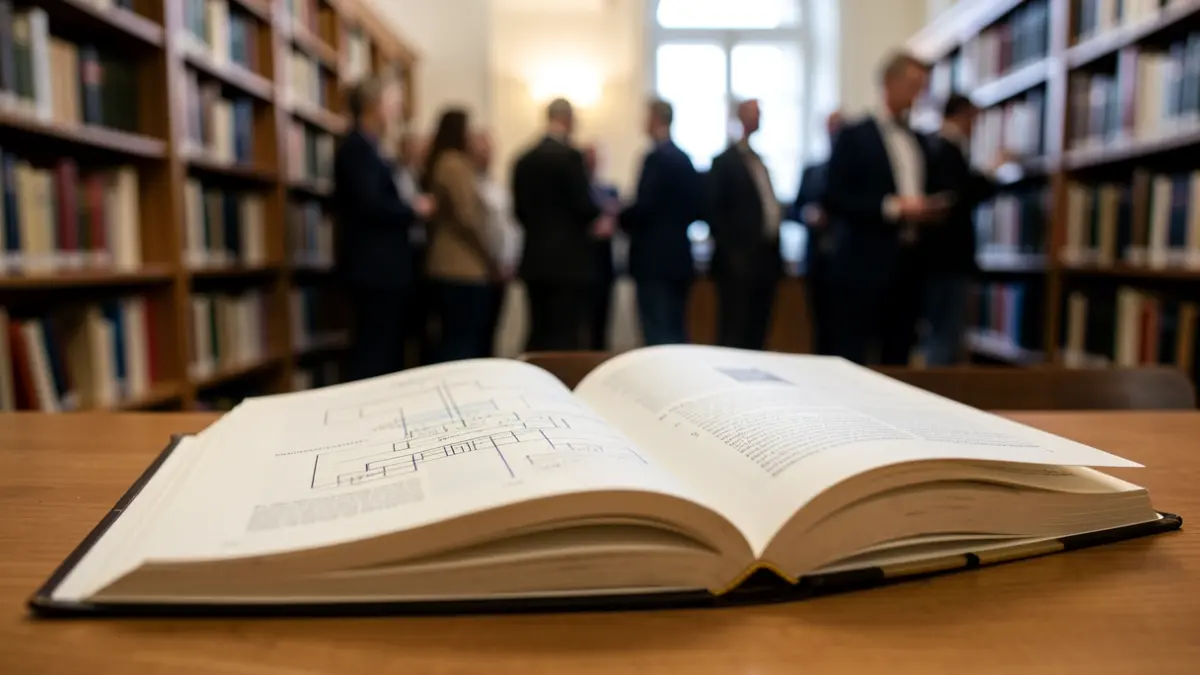 Close-up de um livro aberto com diagramas complexos e texto, sobre uma secretária de madeira. Ao fundo, estantes desfocadas com livros e luz ambiente suave.
