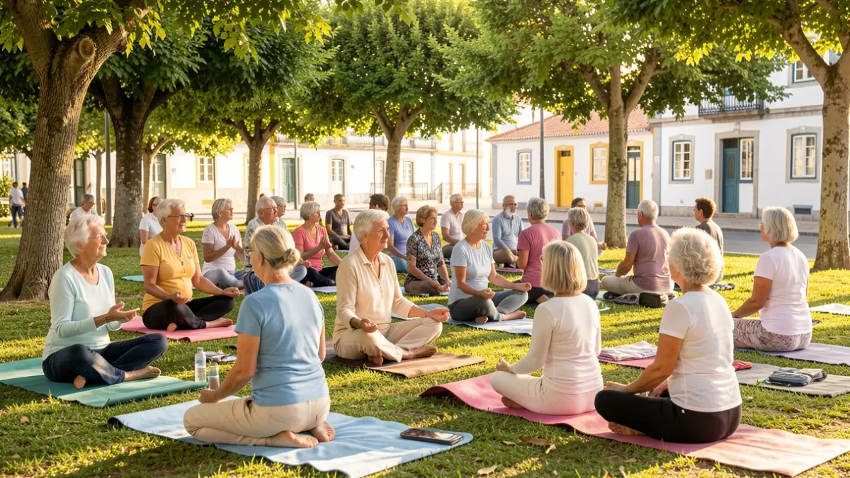 Idosos a praticar exercício físico num parque em Loulé, promovendo o envelhecimento ativo e saudável.