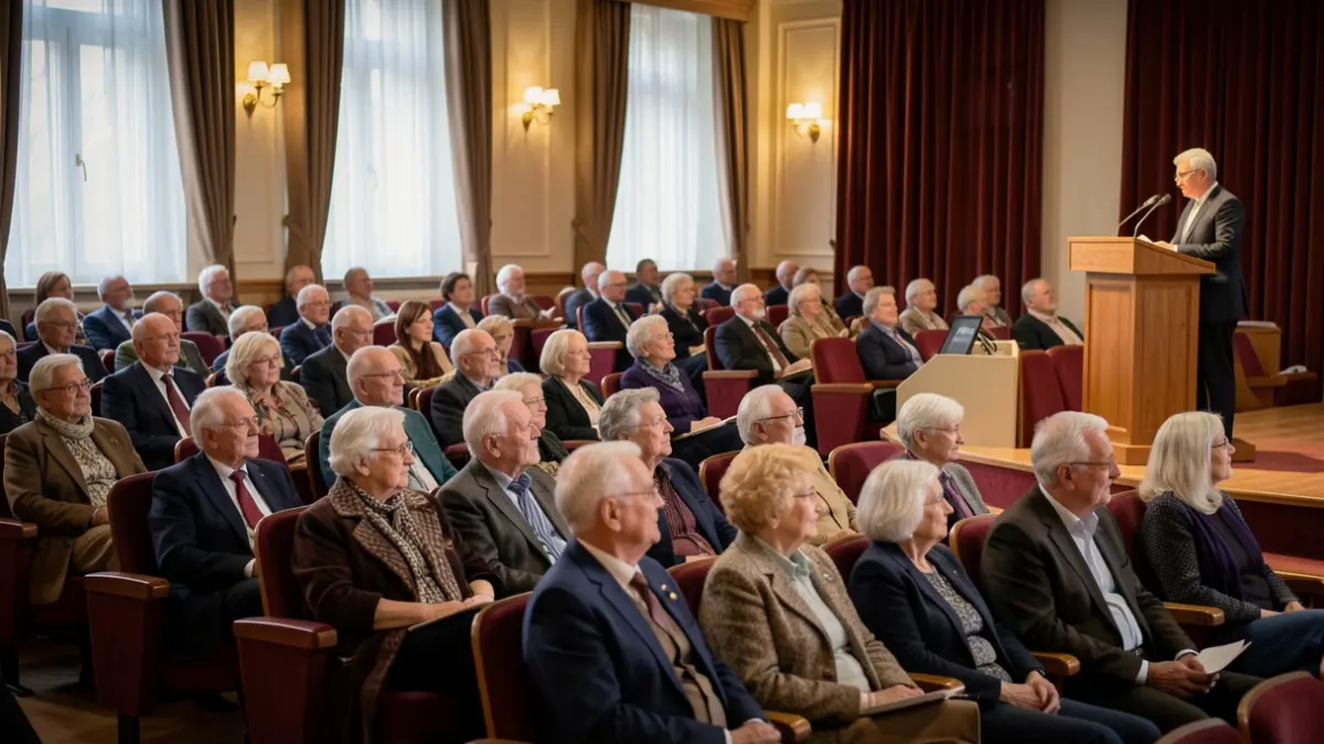 Imagen genérica de un grupo de personas mayores en una sala de auditorio escuchando una conferencia.