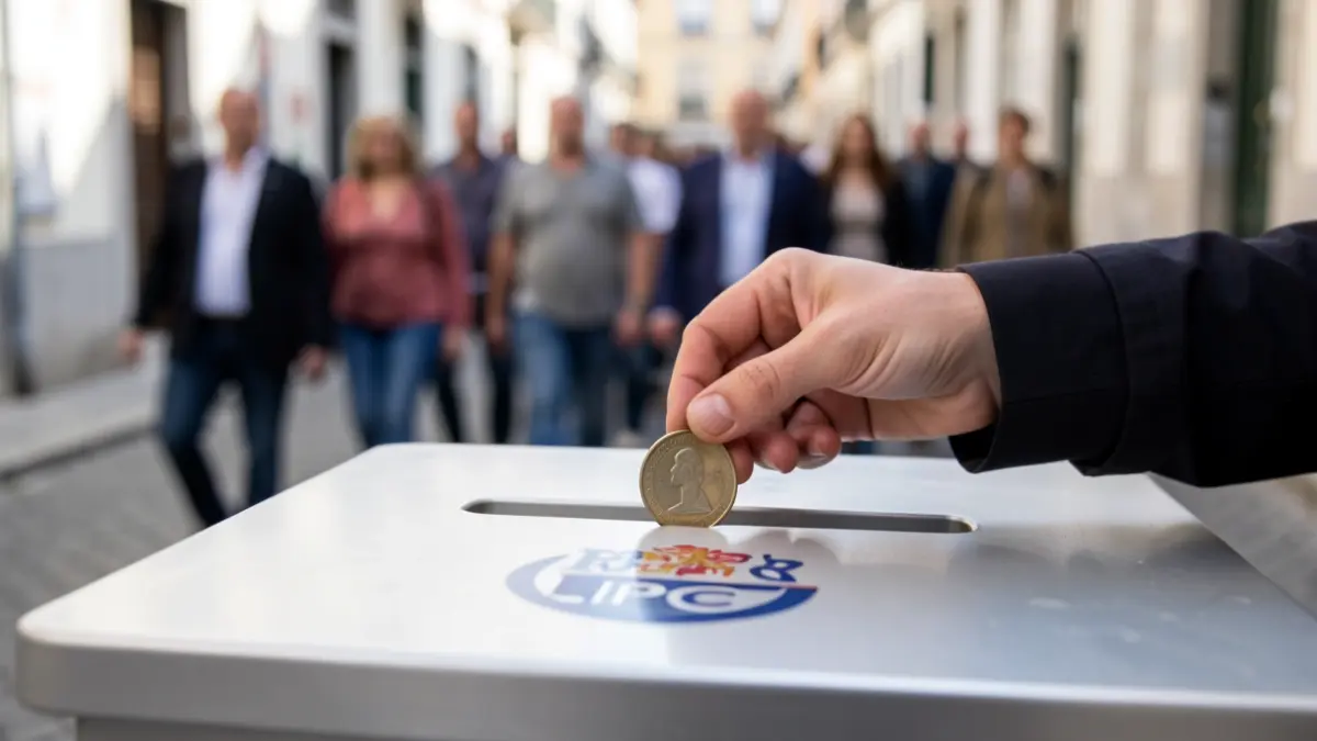 Mão a depositar moeda numa caixa de donativos da Liga Portuguesa Contra o Cancro.