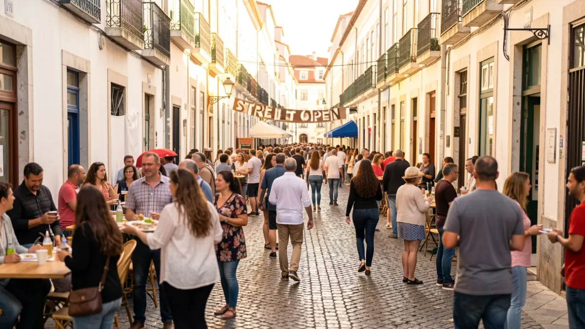 Vibrant street scene in Lumiar, Lisbon, during a community event with people enjoying public space.