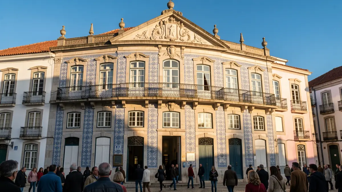 Fachada de un edificio municipal en Marco de Canaveses con azulejos tradicionales.