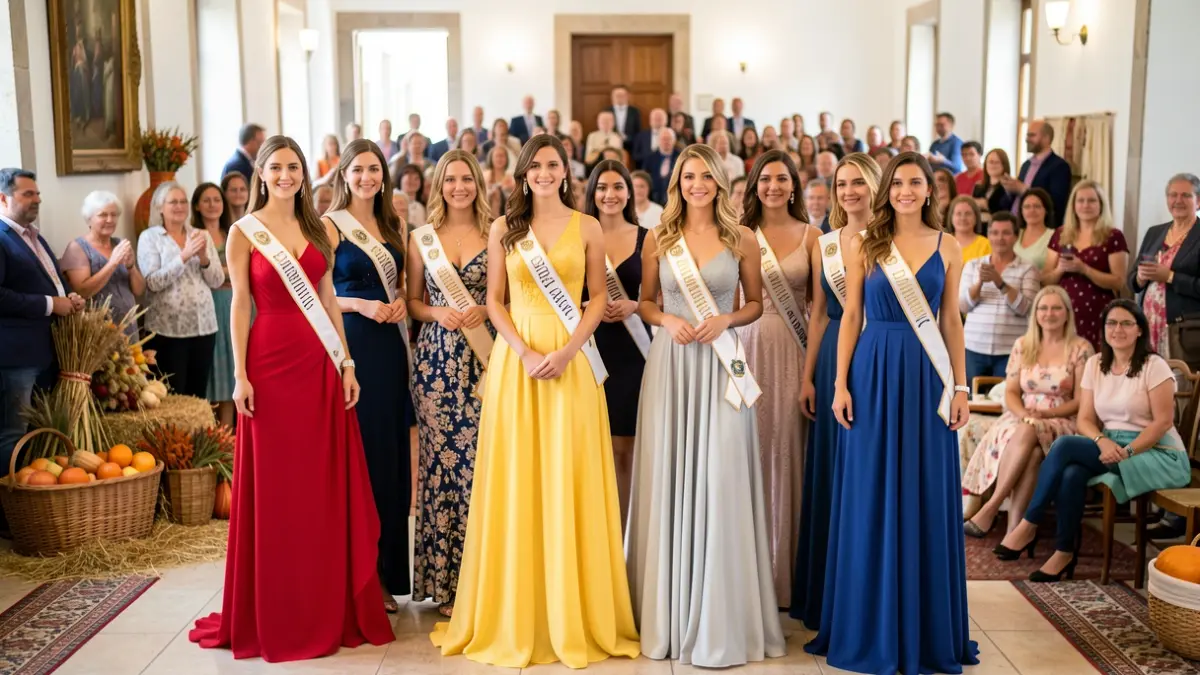 Mulheres em trajes de gala e casuais num concurso de beleza em Dois Portos, Portugal.