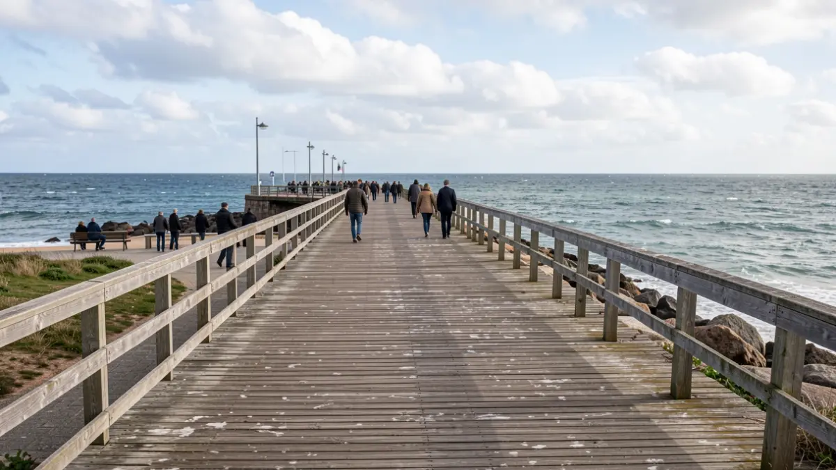 Coastal boardwalks in Matosinhos, Portugal, with the Atlantic Ocean in the background.