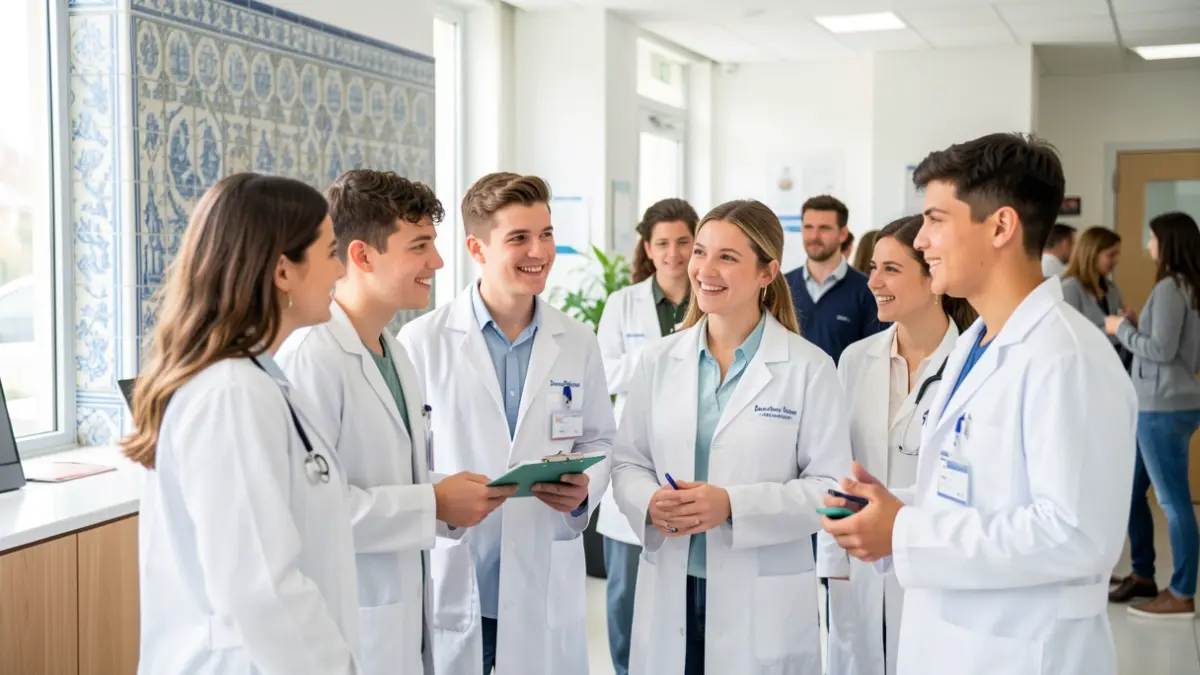 Jóvenes médicos en un centro de salud con azulejos portugueses.