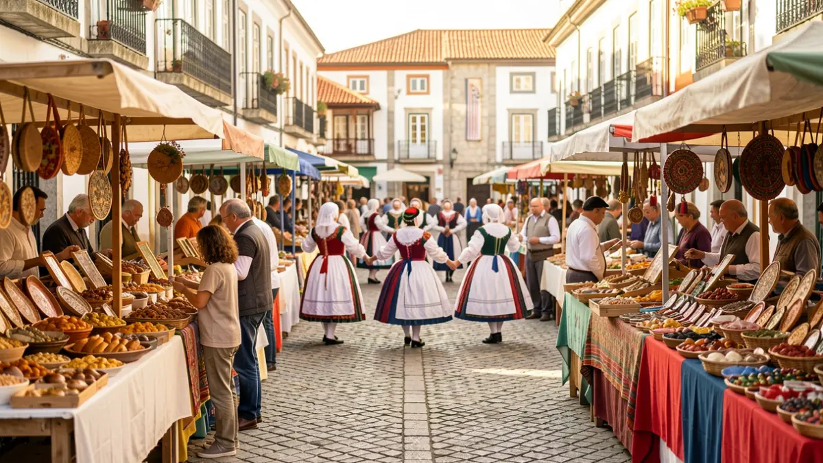 Mercado intercultural en Ansião con puestos de artesanía y comida, y un grupo de folclore actuando.