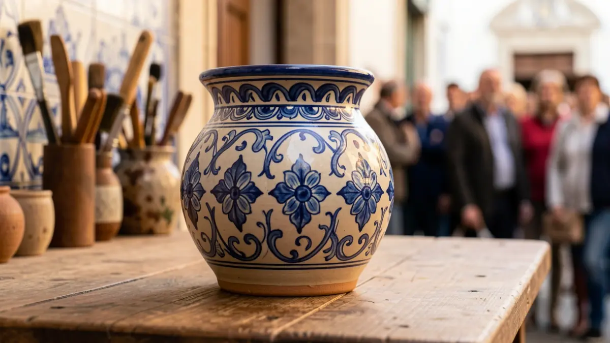 Close-up of Portuguese artisanal pottery with blue and white patterns on a wooden table.
