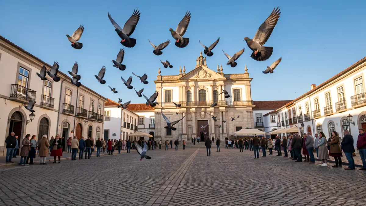 Image of homing pigeons flying over a square in Mira, Portugal, with the Town Hall building in the background.