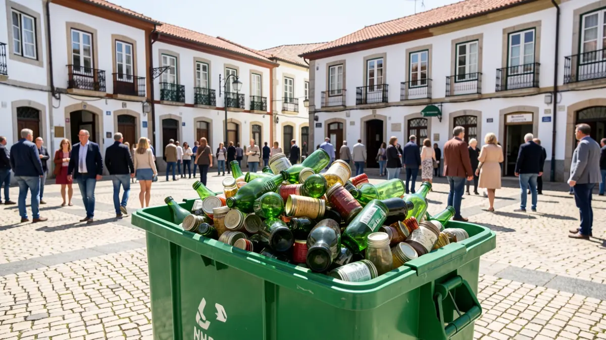Generic image of a recycling bin with glass bottles, in front of a Portuguese square.
