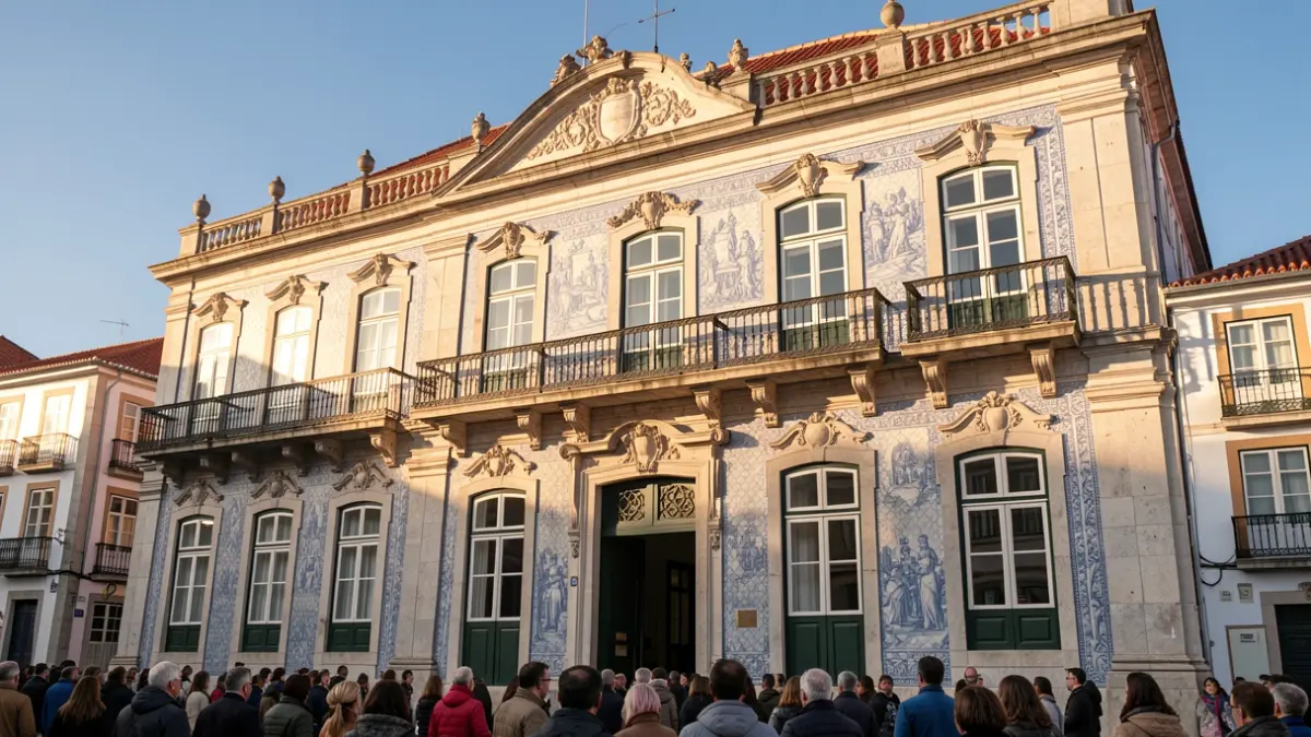 Fachada de um edifício municipal em Monforte, Portugal, com azulejos tradicionais.