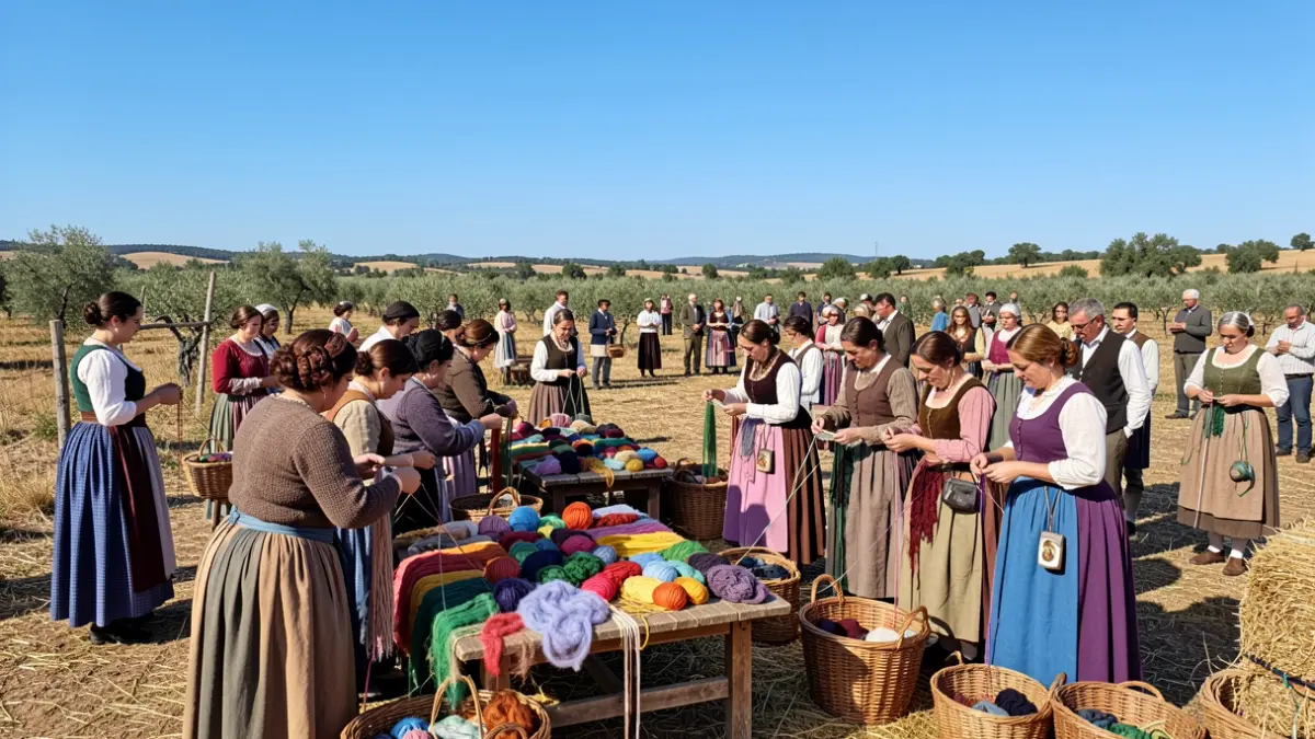 Generic image of a traditional Alentejo wool spinning competition with participants and rural landscape.