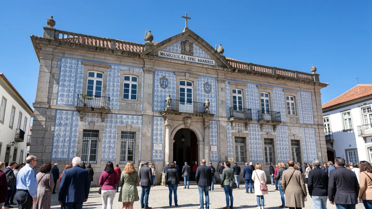 Fachada del Ayuntamiento de Fafe, un edificio tradicional portugués con elementos de piedra y azulejos, bajo un cielo azul claro.