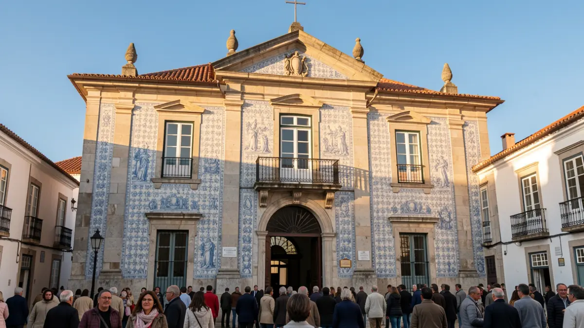 Facade of a Portuguese municipal building with traditional tiles and stone elements, under afternoon sunlight.