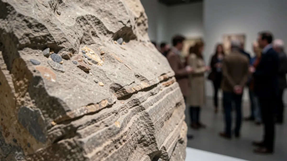 Primer plano de una piedra con textura y capas, sugiriendo tiempo geológico. Luz suave.
