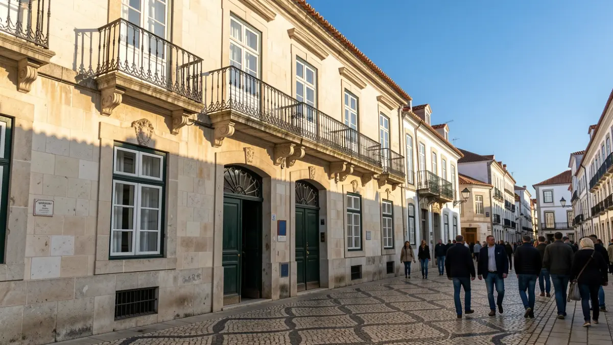Fachada de um edifício municipal português com varanda ornamentada e calçada portuguesa.