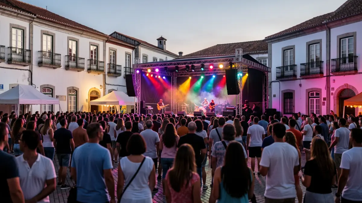 Music festival scene in Nazaré's public square at dusk, with lights and blurred audience.