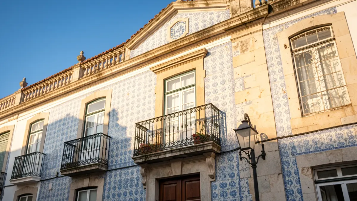 Facade of a Portuguese municipal building with azulejo tiles and ornate balconies.