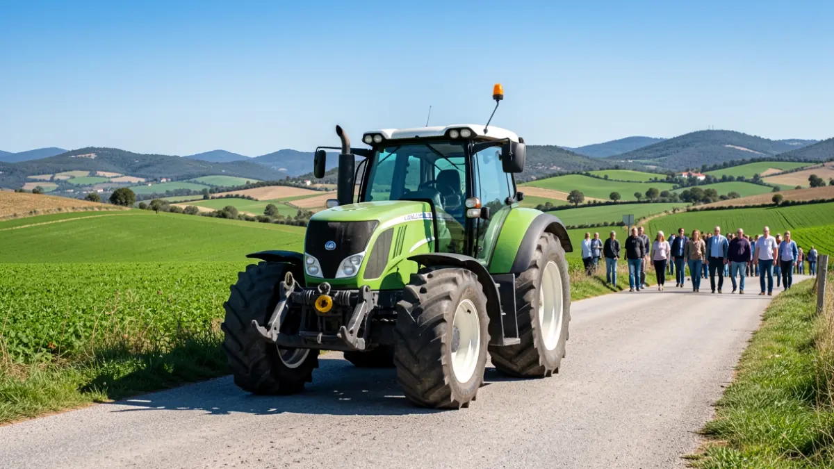 Un tractor nuevo estacionado en un camino rural en Portugal, con campos verdes y colinas al fondo.