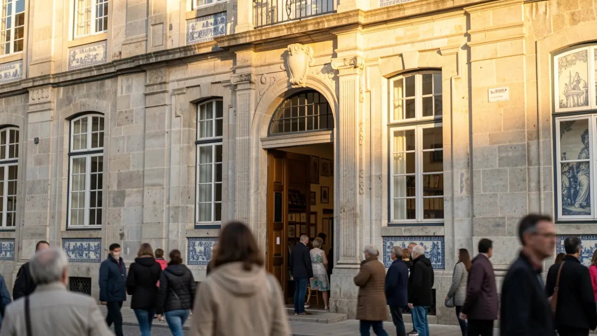 Fachada de una biblioteca municipal en Nisa, Portugal, con luz solar de tarde.