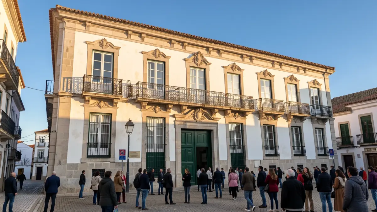 Fachada de un edificio municipal en Nisa, con balcones ornamentados y luz solar.