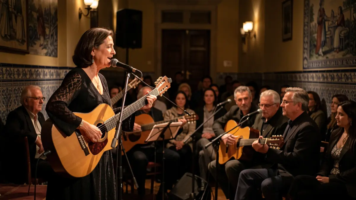 Fado singer Maria Mendes and Maestro Luís Ribeiro's Guitar Ensemble performing at a Fado night in Lisbon.